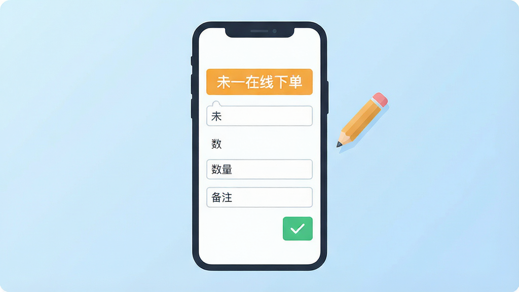 一张表现简洁下单表单的手机界面插画,画面主体为竖屏手机,屏幕中