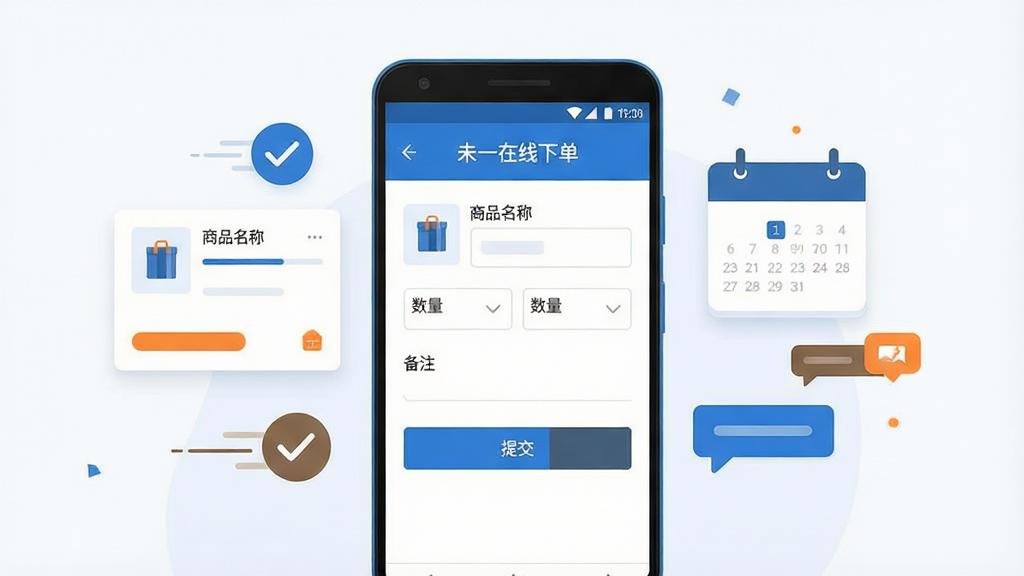 一张展示手机端在线下单流程的界面示意图,画面中央是一部竖屏安卓手机,屏幕上显示