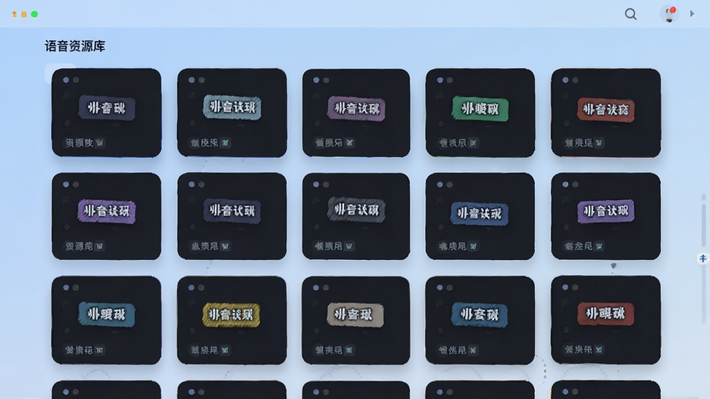 画面主体为一个虚拟的语音资源库界面,界面中整齐排列着多个语音包卡片,卡片上标注不同分类标签,背景为浅蓝色渐变,排版采用网格状布局,风格为现代简约的UI展示风,细节上体现资源丰富与分类清晰,画质干净利落,无杂乱元素