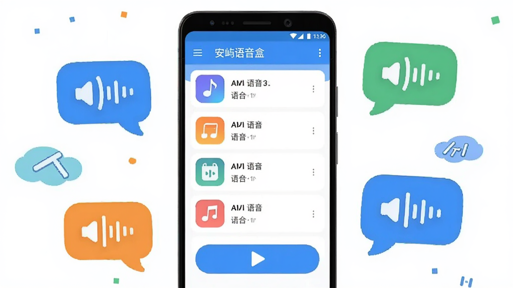 画面主体为一部安卓手机,手机屏幕中显示安屿语音盒软件的主界面,界面布局包含语音包列表与播放按钮,手机周围环绕着几个卡通风格的语音气泡与声波图标,整体排版居中,风格为清爽的扁平化科技风,细节上突出界面的简洁与语音元素,画质清晰干净,无多余装饰元素