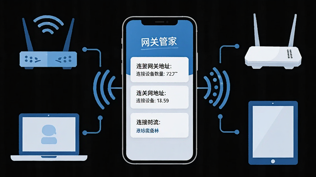 画面中央放置一部智能手机,手机屏幕上显示简洁的网络管理界面,界面中有