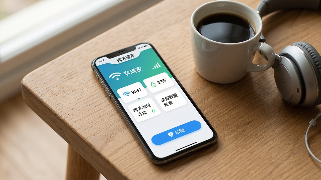 手机屏幕展示网关管家首页界面,界面上方为WiFi名称与信号强度,中部为网关地址与设备数量卡片,下方有诊断按钮,手机放置在木质桌面上,旁边有一杯咖啡与一副耳机,整体风格生活化,光线柔和,画质干净清晰,画面中文字