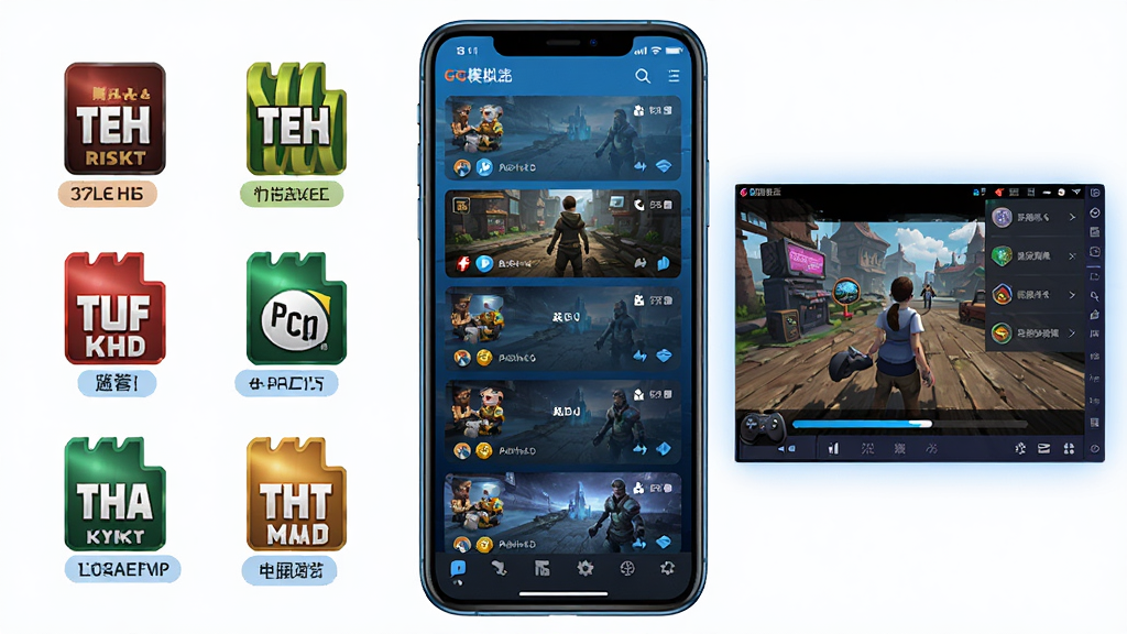 GG模拟器多格式游戏兼容功能展示图,画面中央是手机屏幕显示游戏列表界面,左侧排列多种格式图标,右侧是模拟器运行画面,整体布局清晰,科技蓝配色风格,细节包含格式标签与加载进度条,画质高清,干净,无多余元素