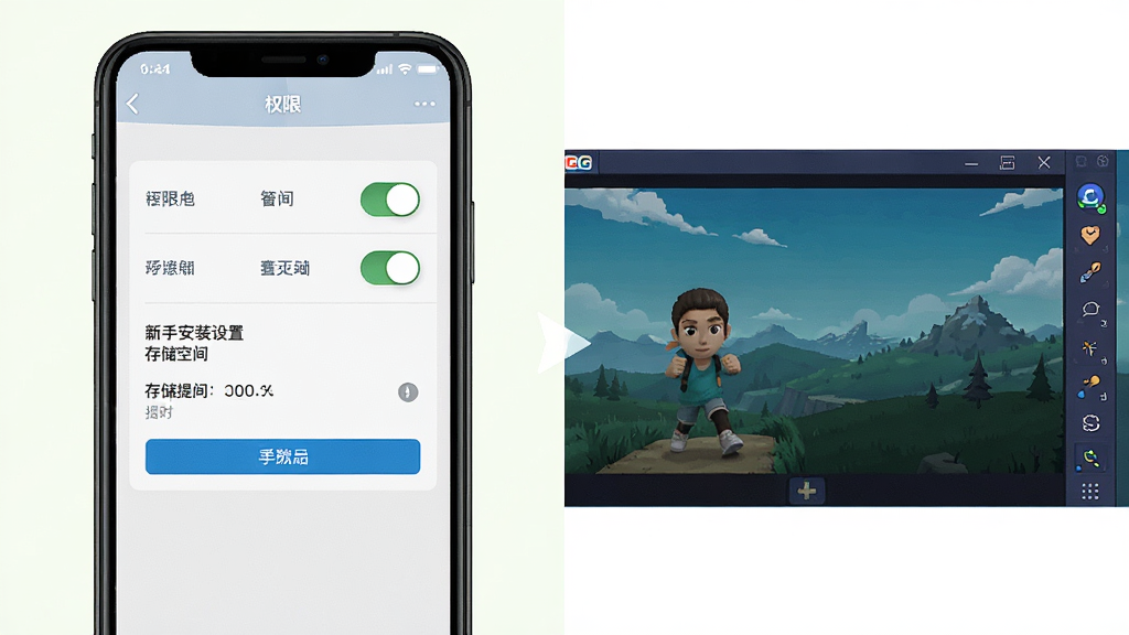 GG模拟器新手安装设置引导图,手机屏幕显示权限设置界面与模拟器主界面切换示意,布局上下分层,风格简洁明快,细节包含权限开关图标与存储空间提示,画质高清,干净,无多余元素