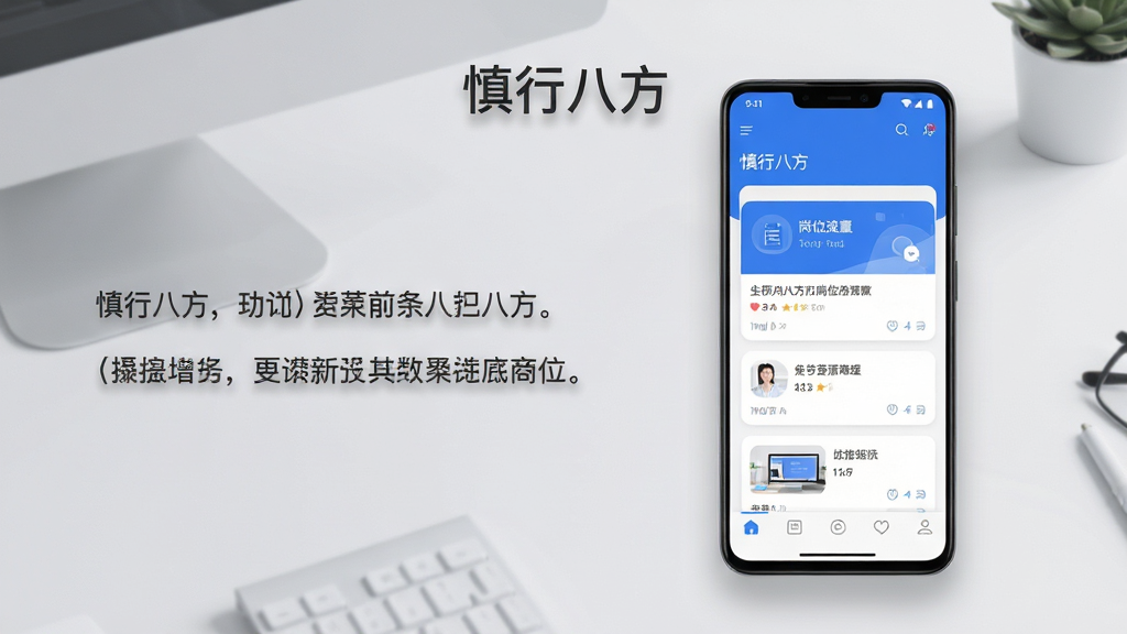 画面中央放置一部竖屏安卓手机,屏幕内展示蓝白配色的人力资源类应用首页,包含岗位列表卡片与底部导航栏,手机上方悬浮简洁的