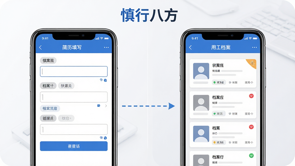 画面分为左右两个区块,左侧为手机界面展示简历填写表单,右侧为另一部手机展示用工档案列表,两部手机之间用一条虚线箭头连接表示数据流转,画面顶部居中排布