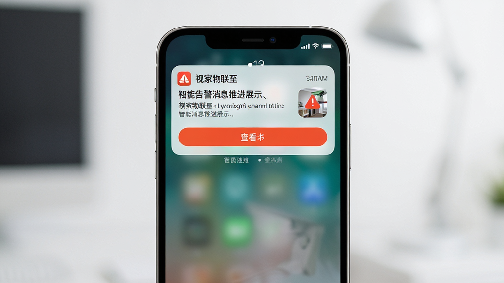 视家物联智能告警消息推送展示,主体为手机锁屏界面显示一条监控告警通知卡片,布局为手机竖屏居中、通知卡片位于屏幕上方,排版突出通知内容与查看按钮,风格为现代简洁通知样式,细节包含应用图标、时间标签、告警缩略图预览,画质高清,画面干净,无多余元素