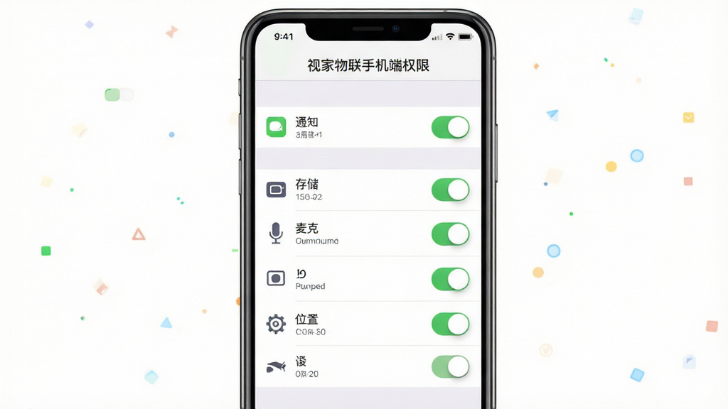 视家物联手机端权限设置界面展示,主体为手机屏幕显示应用权限管理页面,布局为手机竖屏居中、列表中包含通知、存储、麦克风、位置等权限开关,排版整齐分列,风格为系统原生设置界面风格,细节包含权限图标、开关状态高亮、顶部应用名称标题栏,画质清晰,画面干净,无多余元素
