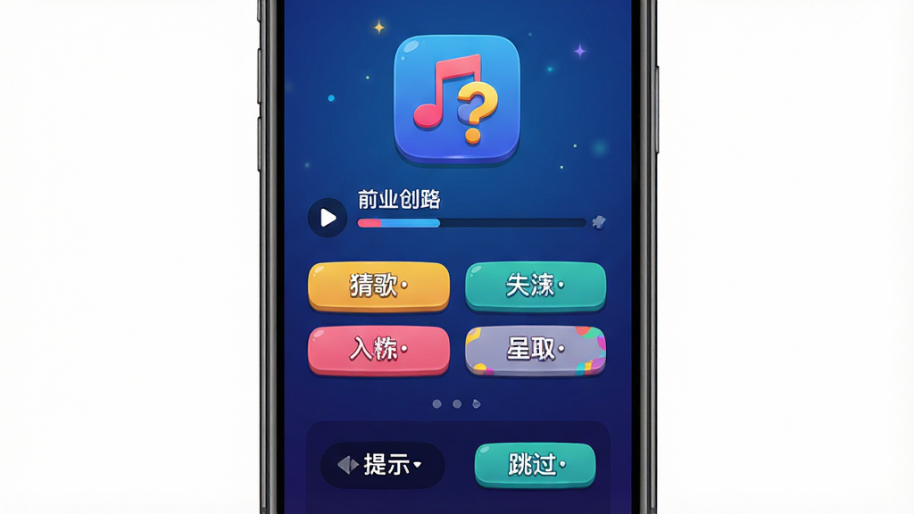 一张展示手机屏幕内音乐猜谜游戏界面的图片,画面中央是猜不完的歌软件主界面,背景为深蓝色渐变,顶部有音符与问号组合的图标,中部显示歌曲前奏播放进度条和四个备选歌名按钮,底部有提示与跳过按钮,整体风格活泼明亮,画质清晰干净,无多余元素