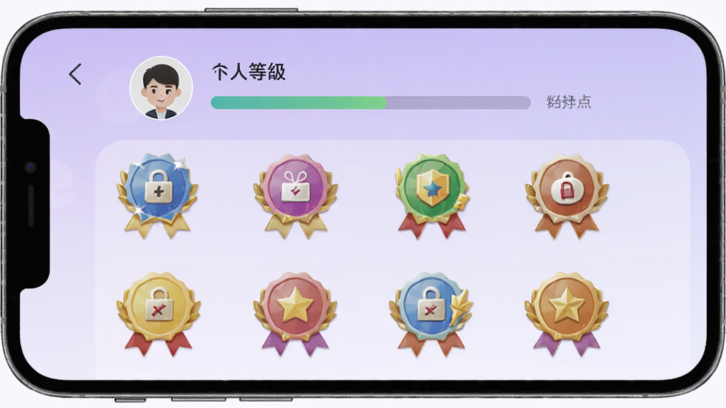 一张展示猜不完的歌软件个人成就页面的图片,手机屏幕内显示用户头像、等级进度条以及多枚已解锁的彩色徽章,背景为浅紫色渐变,版面整洁有序,风格清新现代,画质清晰干净,无多余元素