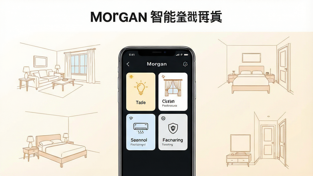 一张展示智能手机居中的产品场景图,手机屏幕内呈现摩根智能全屋控制界面,包含灯光、窗帘、空调、安防四个功能卡片,手机周围环绕客厅、卧室、玄关三个家居场景的浅色线框插画,背景为米白色渐变,整体风格简洁现代,画面干净无多余元素,高清画质,排版疏朗,顶部留白区域可放置软件名称文字