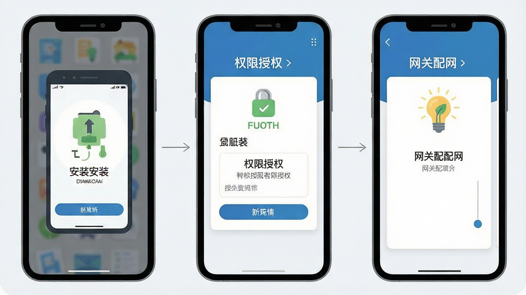一张展示手机安装智能家居应用的步骤示意图,画面分为三个横向排列的手机屏幕,依次呈现下载安装、权限授权、网关配网三个界面状态,屏幕之间以细箭头连接,背景为浅灰白色,风格扁平简洁,细节清晰,画质干净,无多余装饰,整体排版规整