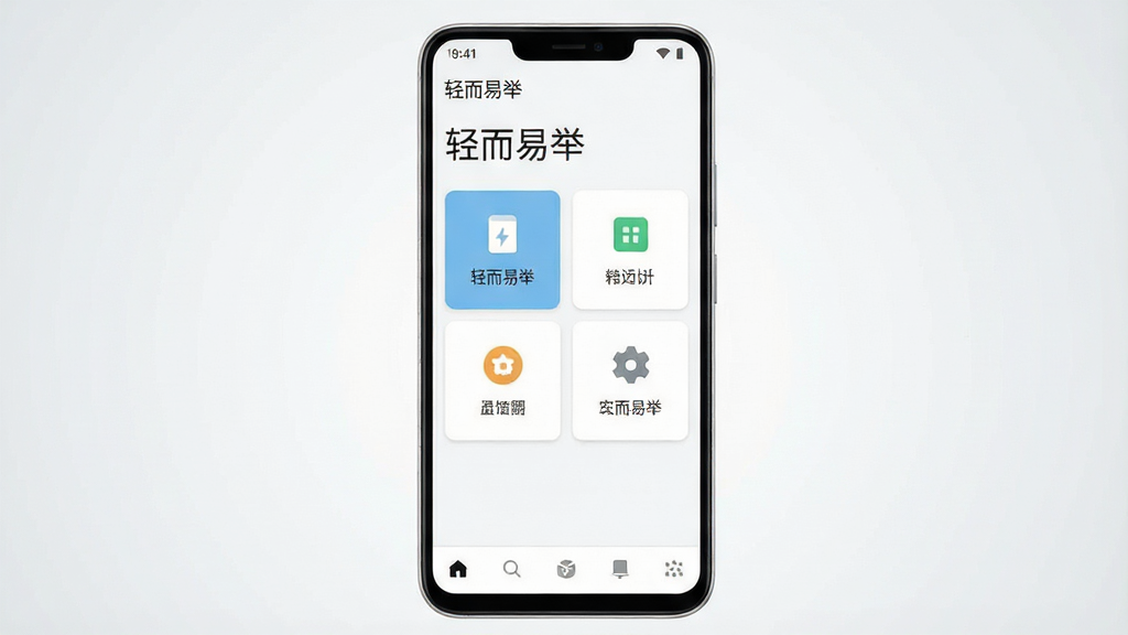一张手机界面展示图,画面中央是一部竖屏安卓手机,手机屏幕上显示一款名为