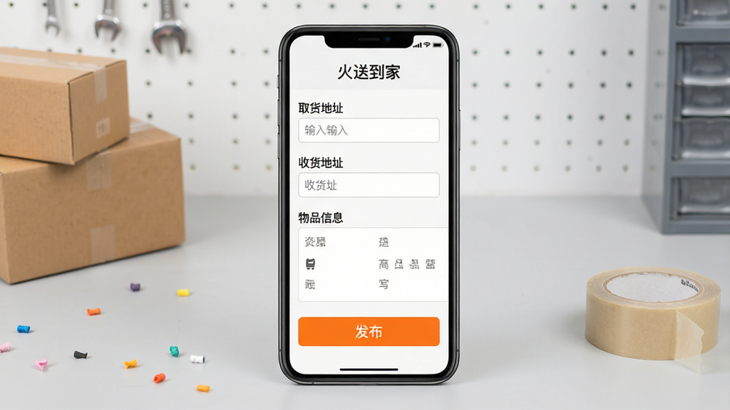 一张展示“火送到家”订单发布流程的界面示意图,画面主体为手机屏幕,屏幕上依次排列取货地址输入框、收货地址输入框和物品信息填写区域,下方有一个醒目的橙色发布按钮,背景为浅灰色工作台场景,旁边放着纸箱和胶带,风格简洁商务,细节清楚,高清画质,画面干净无多余元素