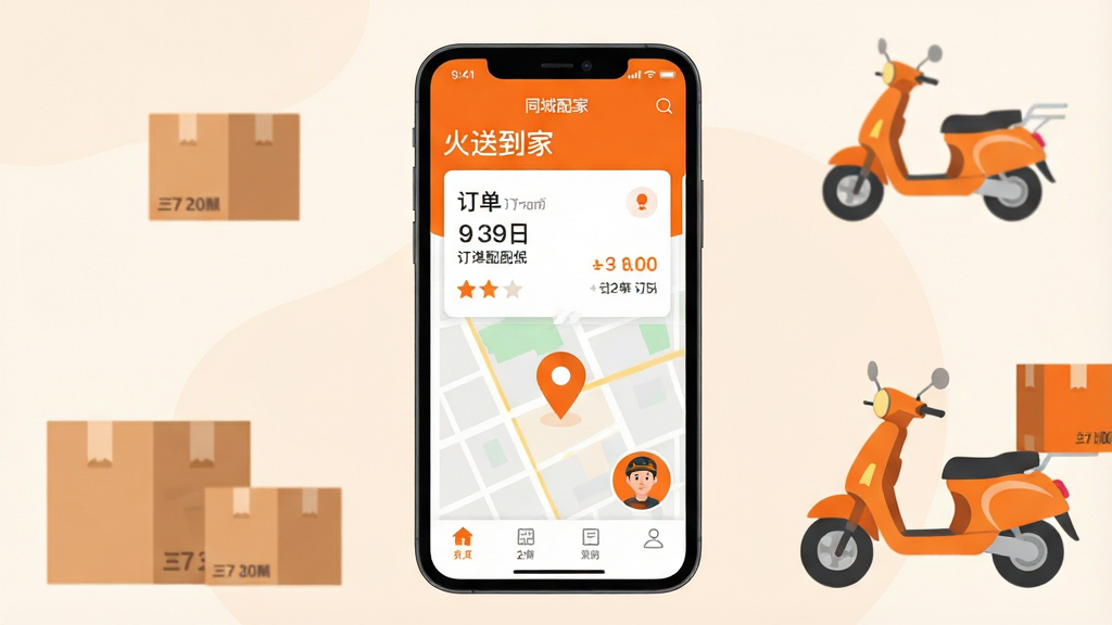 一张手机屏幕展示同城配送应用界面的场景图,画面中央是一部竖屏手机,屏幕上显示“火送到家”应用首页,包含订单卡片、地图定位标记和骑手头像,手机周围有浅色背景和少量配送箱、电动车元素点缀,整体采用扁平化插画风格,配色以橙色和白色为主,画面干净整洁,细节清晰,高清画质,无多余文字和杂乱元素