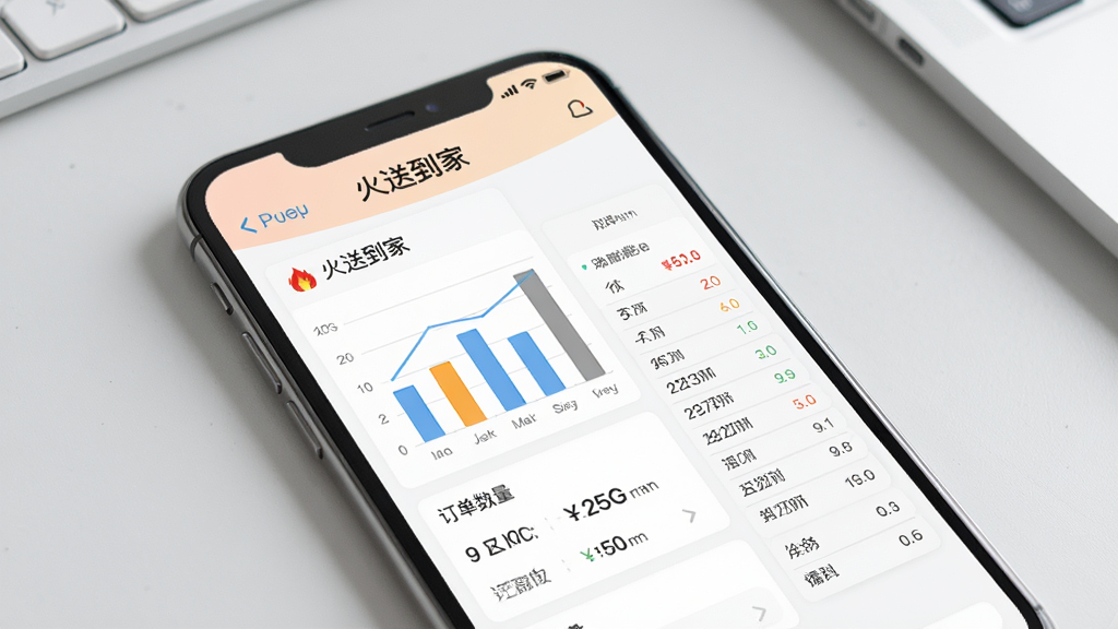 一张展示“火送到家”收入统计页面的手机界面示意图,屏幕上有柱状图和数字金额展示,旁边有订单数量列表,整体布局为手机竖屏,背景为浅灰色办公桌面,风格简洁数据化,细节清楚,高清画质,画面干净