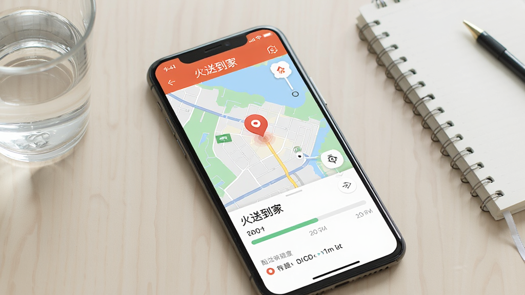 一张展示“火送到家”配送追踪界面的手机截图风格示意图,画面中央手机屏幕上显示地图和骑手位置标记,地图下方有配送进度条和时间节点信息,背景为浅色桌面,旁边放着一杯水和笔记本,风格清新简约,细节清晰,高清画质,无多余元素