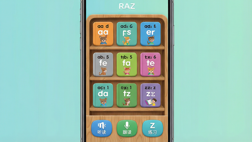 一张展示RAZ分级学习软件主界面的效果图,画面中央是手机屏幕,屏幕上呈现分级阅读书架,书架上整齐排列着从aa级到z级的彩色书目卡片,屏幕下方有听读、跟读、练习三个功能按钮,整体布局清晰,风格清新明亮,细节包括书架木纹质感、卡片圆角设计、柔和的蓝绿色调背景,画质高清,干净无多余元素