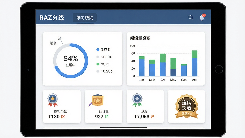 一张RAZ分级学习数据面板示意图,画面主体是平板屏幕上的学习统计页面,包含环形进度图、柱状阅读量图表和连续天数徽章,布局为网格卡片式排列,风格商务简约,细节包括数据图表、数字指标、徽章图标,画质高清,干净无多余元素