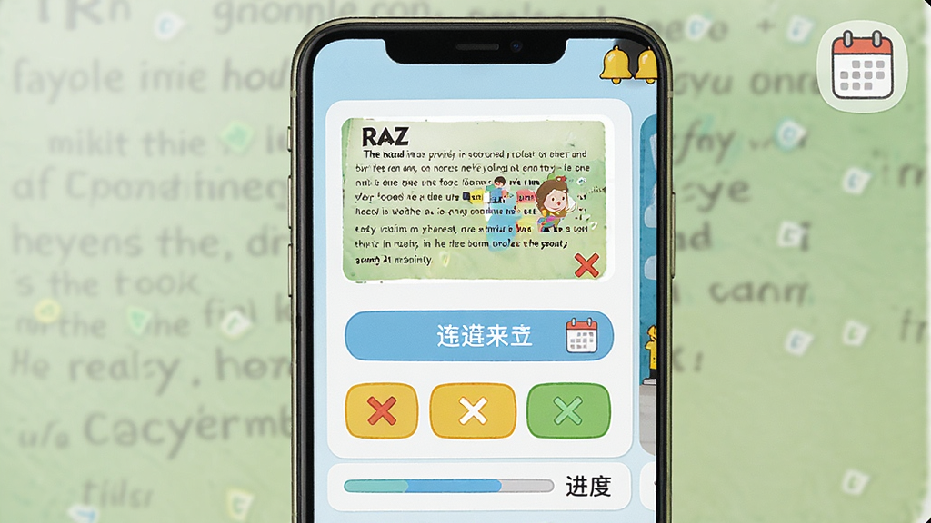 一张RAZ分级学习练习与复习界面效果图,画面展示手机屏幕上有选择题练习卡片,卡片上方是文章缩略图,下方是三个选项按钮,屏幕右上角有日历提醒图标,布局为上下结构,风格轻松活泼,细节包括对错标记、进度条、提醒铃铛图标,画质清晰,干净无杂乱元素