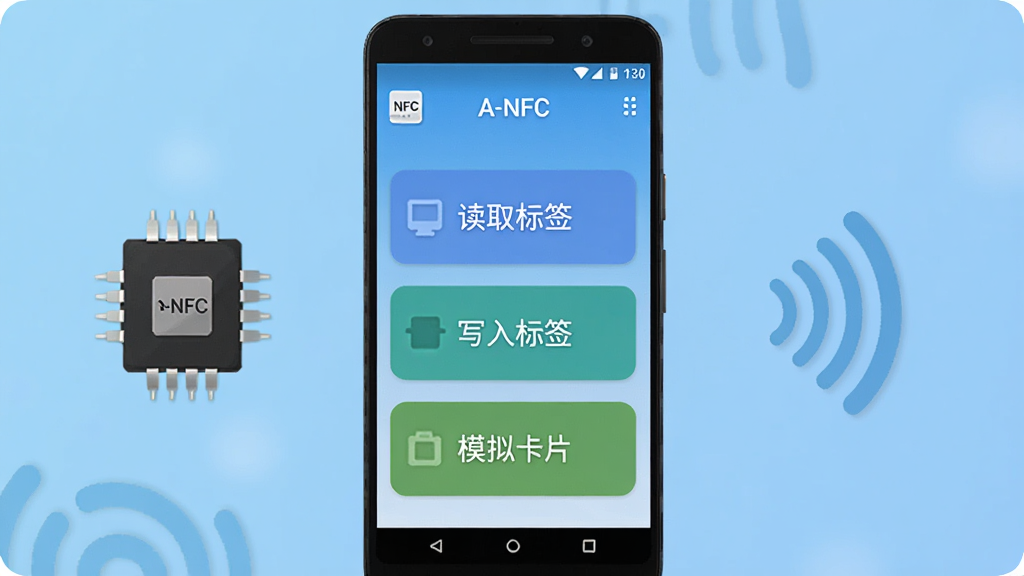 软件主界面展示图,画面中央是一部安卓手机屏幕显示A-NFC应用主界面,界面包含读取标签、写入标签、模拟卡片三个大按钮,背景为浅蓝色渐变,手机两侧漂浮着NFC芯片和无线信号波纹图标,整体风格简洁科技感,扁平化设计,画质清晰干净,无多余元素