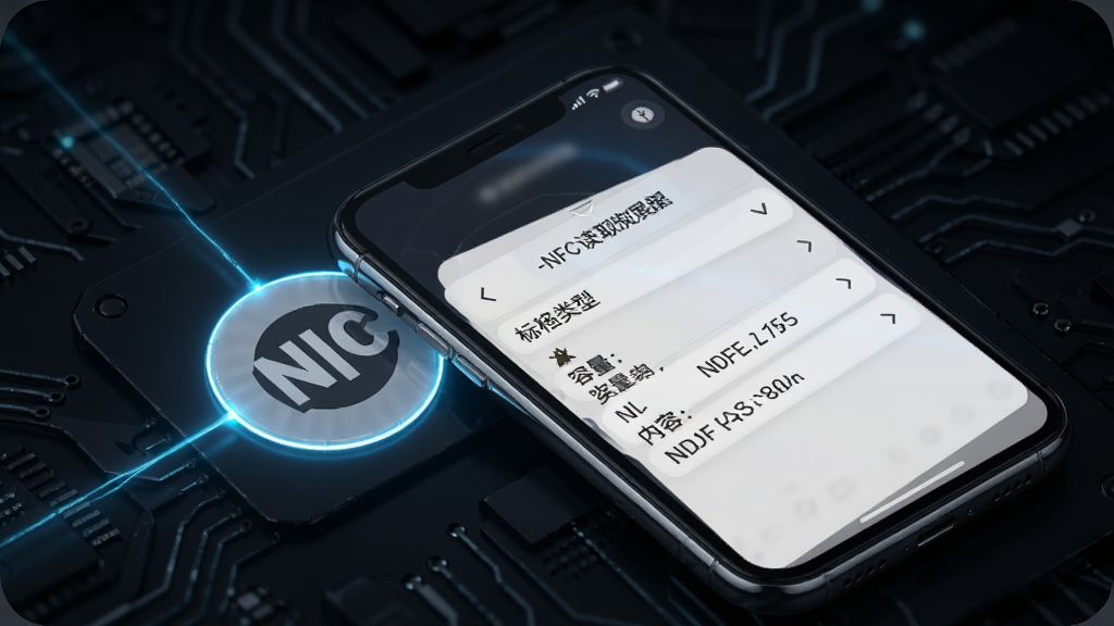 A-NFC标签读取功能展示图,画面展示一部手机背面贴近一张圆形NFC标签,手机屏幕弹出读取结果面板,面板内用列表形式展示标签类型、容量、NDEF内容等参数,背景为深色科技风格,有淡蓝色光线连接手机与标签,整体布局清晰,画质高清,干净无杂乱元素