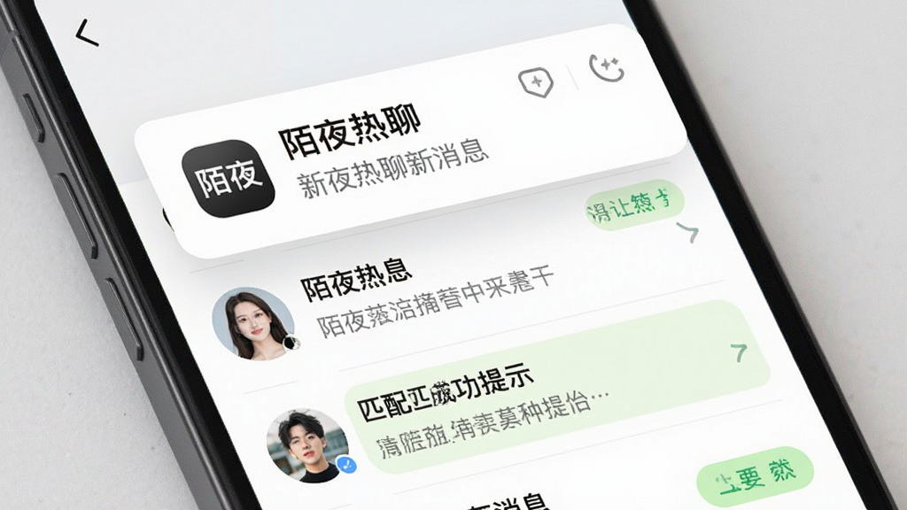 手机消息通知界面,屏幕顶部弹出“陌夜热聊”新消息提醒卡片,下方为聊天列表与匹配成功提示,界面排版整齐,风格清新简洁,细节包含头像与消息摘要,画质清晰,干净无多余元素