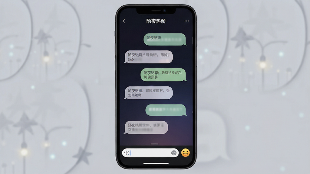 深色夜间主题的手机聊天界面,屏幕中显示“陌夜热聊”字样,聊天气泡柔和,底部输入框与表情按钮排列整齐,背景为暗色渐变,风格沉浸简约,细节清晰,画质干净无多余元素