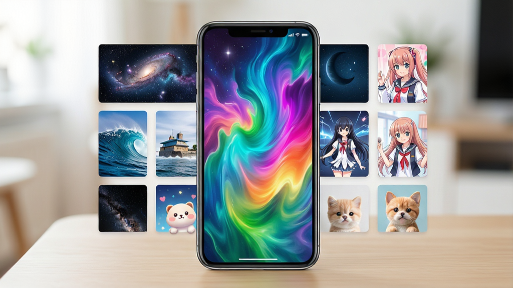 一张手机屏幕展示免费动态主题壁纸应用的界面,画面中央是色彩绚丽的动态壁纸预览效果,周围环绕着多种风格各异的动态壁纸缩略图,包括星空、海浪、动漫人物、萌宠等元素,手机放置在简约木质桌面上,背景为柔和虚化的室内环境,整体风格清新明亮,细节丰富,画质清晰细腻,干净无多余元素