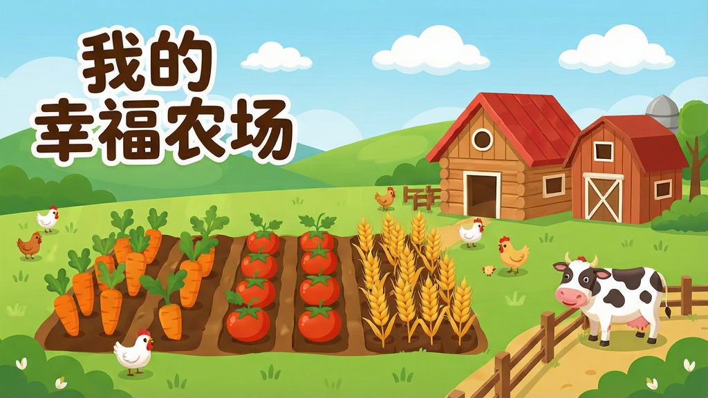 一张卡通风格的农场全景插画,画面中央是一大片整齐的农田,种植着胡萝卜、番茄和小麦,田地旁边有一座红色屋顶的木屋和一座谷仓,几只小鸡在草地上觅食,一头奶牛站在栅栏旁,远处是起伏的绿色山丘和蓝天白云,画面左上角用醒目的圆润字体写着