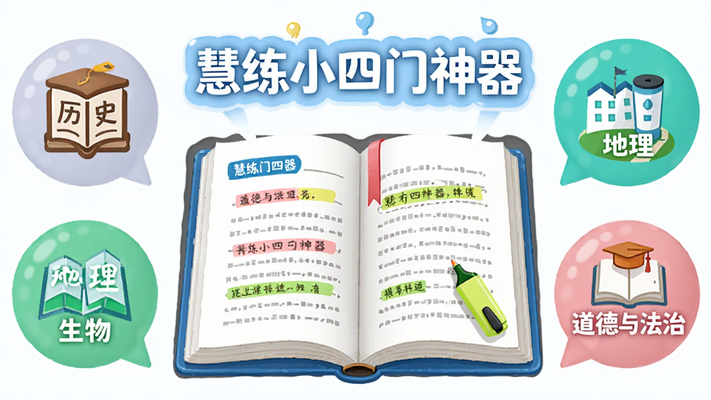 画面中央是一本翻开的电子教材,书页上方悬浮“慧练小四门神器”标题文字,四周分布历史、地理、生物、道德与法治四个科目的图标气泡,布局为左右对称,风格为清新教育插画风,细节包含书签、荧光笔标记,画质干净明亮,无多余元素