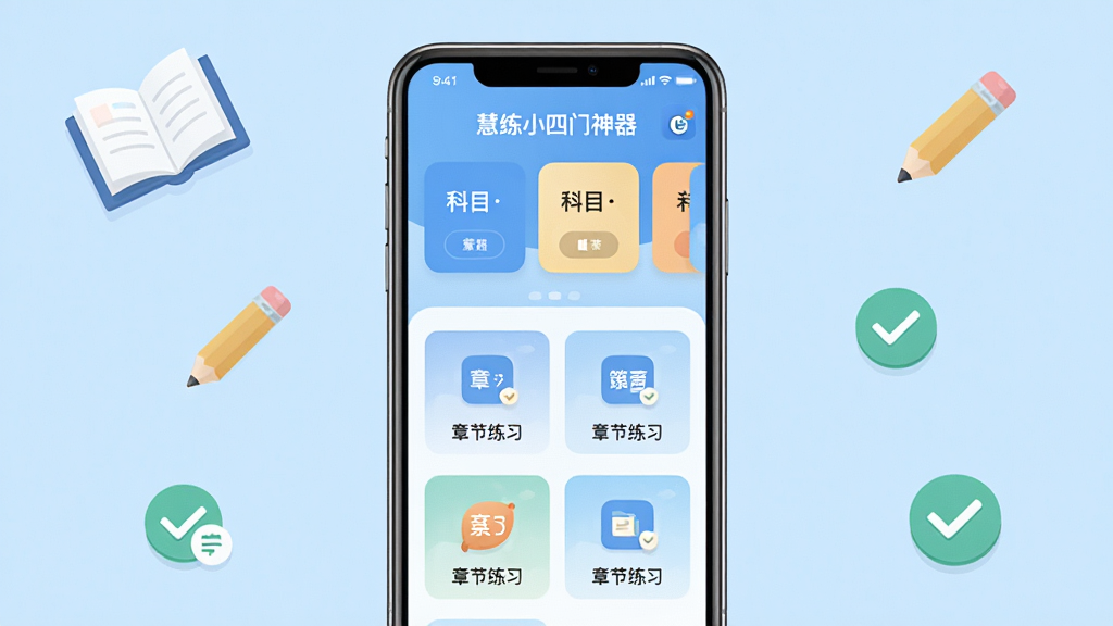 主图展示一部智能手机竖屏界面,屏幕中央是“慧练小四门神器”应用首页,上方显示科目选择卡片,下方排列章节练习入口,背景为浅蓝色渐变,周围点缀书本、铅笔、对勾图标,整体布局居中对称,风格清爽扁平化教育风,细节清晰,画质干净,无多余元素