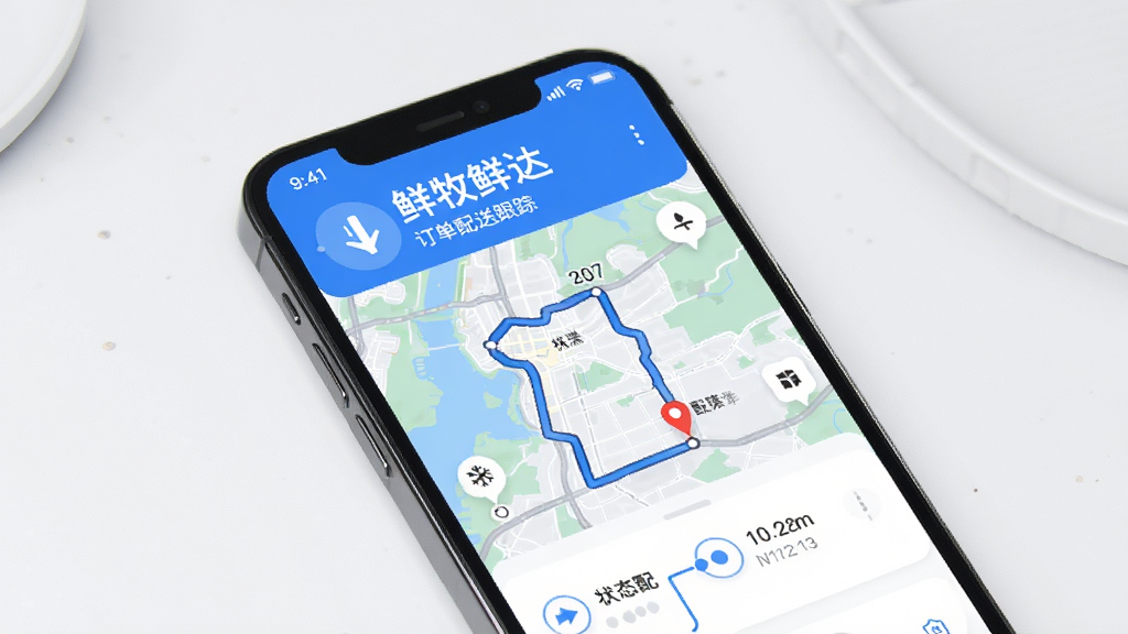 鲜牧鲜达订单配送跟踪界面,手机屏幕显示地图路线与配送状态时间轴,上方有冷链配送标识,整体采用蓝白色调,布局清晰,风格简洁现代,细节到位,画质干净