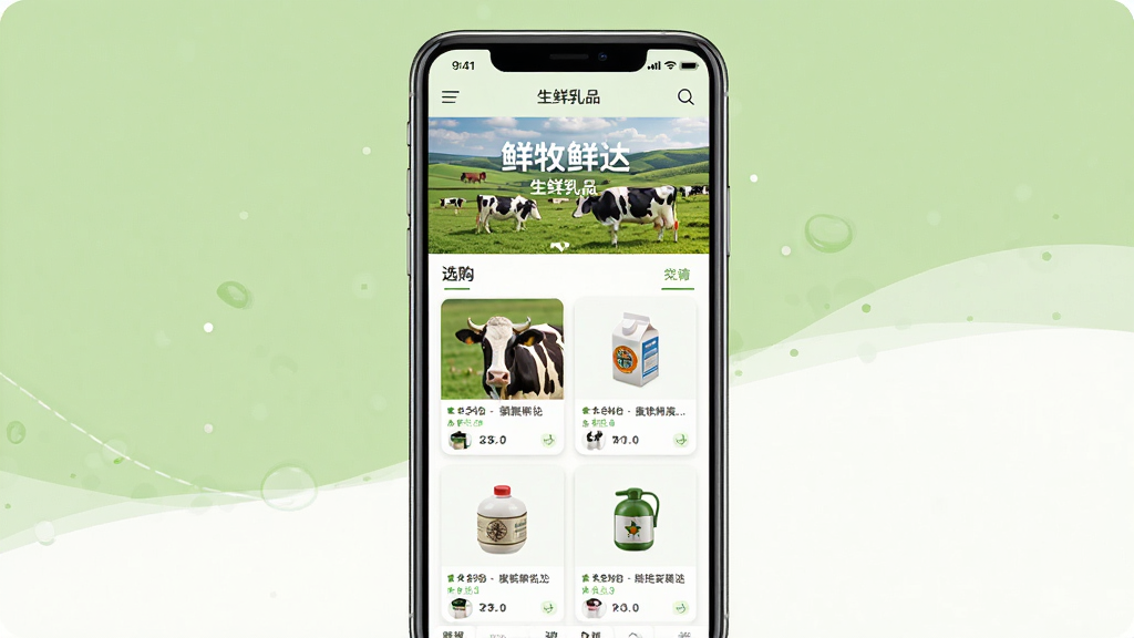 鲜牧鲜达手机应用主界面展示,画面中央是一部竖屏智能手机,屏幕上显示生鲜乳品选购页面,上方有牧场风景横幅,下方为商品卡片列表,背景为浅绿色与白色搭配的清新风格,整体布局简洁明快,细节清晰,画质干净,无多余元素