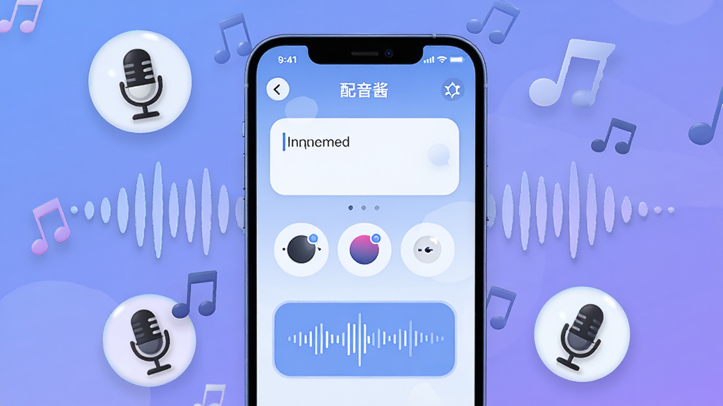 画面中央放置一部智能手机,手机屏幕显示配音酱软件的文字转语音操作界面,界面中有输入框、音色选择按钮和波形条,手机周围环绕着麦克风图标、声波线条和若干漂浮的音符,背景为柔和的蓝紫色渐变,整体布局简洁清晰,风格为扁平化科技插画,细节包括圆角图标、高光反射和细腻的阴影层次,画质高清锐利,画面干净整洁,无多余装饰元素