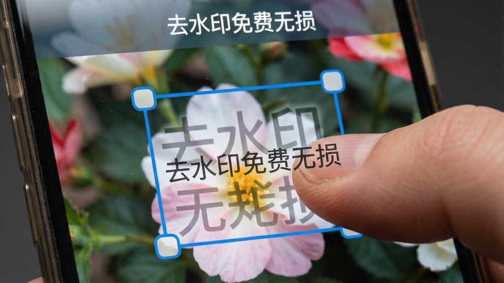 主体为一只手在手机屏幕上拖拽蓝色选框,框内是半透明水印文字,选框外是清晰的花卉照片;布局为手机屏幕特写,手指从右侧进入画面;排版为居中构图,上方留出软件名称位置;风格为写实操作演示风格;细节包括手指皮肤纹理、屏幕反光、选框边角圆润、水印与背景融合自然;画质为高清,画面干净,无多余元素,图片中文字为“去水印免费无损”