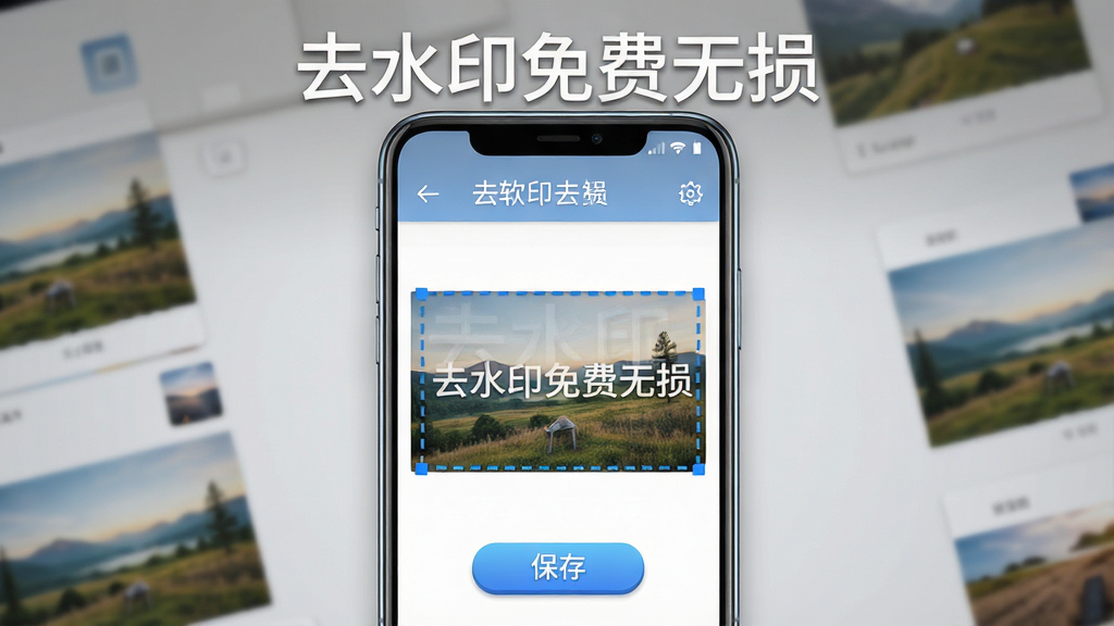 主体为一部竖屏安卓手机,屏幕上显示去水印免费无损软件的操作界面,界面中央是一张带有半透明水印的风景照片,水印区域被蓝色虚线框选中,下方有保存按钮;布局为手机居中放置,背景为浅灰色渐变桌面,桌面散落几张待处理的图片缩略图;排版采用上下结构,上方留白放软件名称文字;风格为清爽科技感UI展示风格;细节包括手机边框高光、界面图标清晰、按钮有轻微立体感;画质为高清1080p,画面干净,无多余元素,图片中文字为“去水印免费无损”