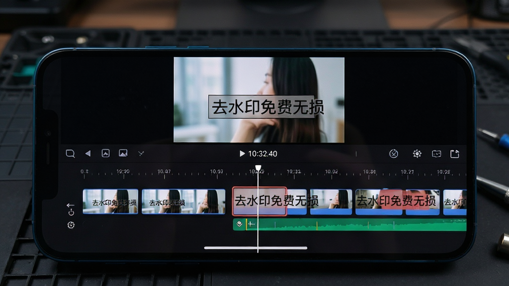 主体为手机横屏显示视频时间轴界面,时间轴上分布着若干帧缩略图,其中一帧被选中并标出水印区域;布局为横屏手机居中,背景为深色工作台;排版为上下分区,上方预览画面,下方时间轴;风格为专业视频编辑工具界面风格;细节包括时间轴刻度、播放头、帧缩略图清晰、水印区域用红色半透明框标示;画质为高清,画面干净,无多余元素,图片中文字为“去水印免费无损”