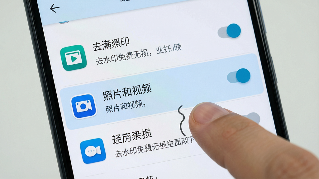 主体为一部安卓手机屏幕显示权限设置页面,页面中“照片和视频”权限选项被高亮标注,旁边有手指点击动作;布局为手机界面特写,背景为浅色系统设置风格;排版为纵向列表,权限条目清晰;风格为手机系统设置界面写实风格;细节包括权限开关状态、应用图标、文字说明;画质为高清,画面干净,无多余元素,图片中文字为“去水印免费无损”