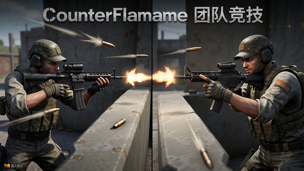 一张展示CounterFlame团队竞技模式的图片,主体为两名持枪角色在掩体后对峙,布局为左右分屏式构图,风格为写实射击游戏画面,细节包括子弹轨迹、枪口火焰、战术手语动作,画质高清,干净无多余元素,图片中打文字“CounterFlame 团队竞技”