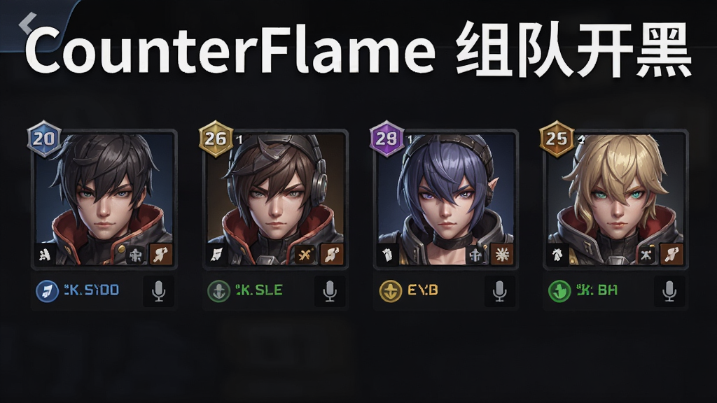 一张展示CounterFlame组队界面的图片,主体为四名角色头像并排显示在队伍栏中,布局为横向排列加状态标签,风格为深色游戏UI风,细节包括等级徽章、准备状态、麦克风图标,画质高清,干净无多余元素,图片中打文字“CounterFlame 组队开黑”