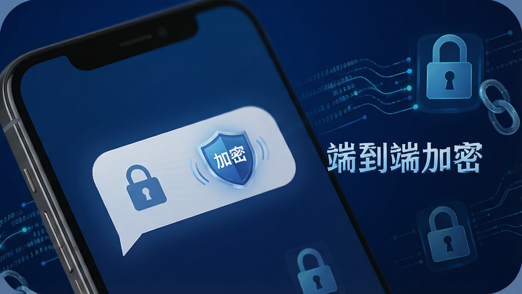 “心链”消息加密功能展示图,画面为手机屏幕特写,屏幕内显示一个带锁图标的聊天气泡与加密盾牌标识,旁边有“端到端加密”文字;背景为深蓝色调,风格安全科技感,细节包括数据流线条与锁扣图形,画质高清,画面干净,无多余元素