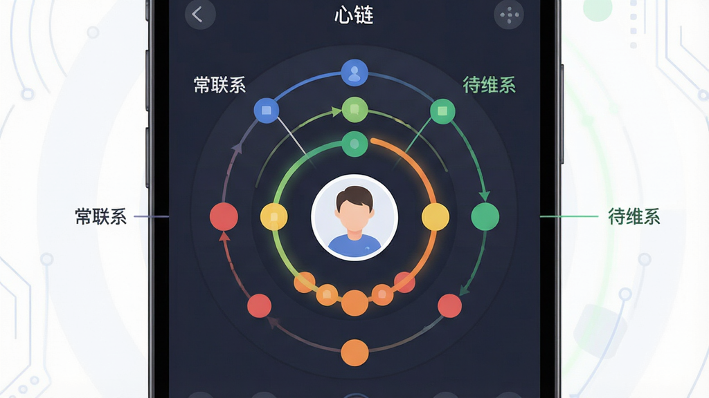 一幅展示“心链”智能关系链管理的界面示意图,画面主体为手机屏幕,屏幕内呈现三层环形关系图谱,中心为头像,外圈分布不同颜色的小圆点代表联系人,旁边有“常联系”“待维系”文字标签;布局居中对称,风格扁平化科技感,细节包括连接弧线与分组色块,画质清晰,画面干净,无多余元素