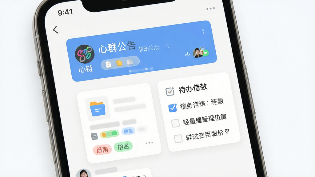 “心链”轻量群组协作界面图,画面主体为手机屏幕,屏幕内展示一个群聊页面,顶部有群公告横幅,下方有文件卡片与待办清单小模块,布局规整;风格清爽明亮,细节包括彩色标签与简洁图标,画质清晰,画面干净,无多余元素