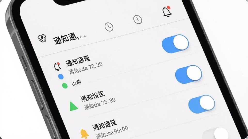 “心链”通知管理设置界面图,画面为手机屏幕特写,屏幕内显示通知开关列表与铃铛图标,列表项带有不同颜色的状态指示,布局纵向排列;风格简约实用,细节包括滑块开关与时间图标,画质高清,画面干净,无多余元素
