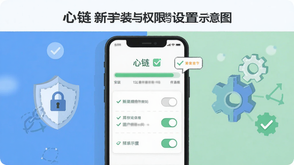 “心链”新手安装与权限设置示意图,画面主体为手机屏幕,屏幕内展示安装进度条与权限开关面板,旁边有盾牌与齿轮图标,布局左右分栏;风格扁平化教程风,细节包括勾选标记与提示气泡,画质清晰,画面干净,无多余元素