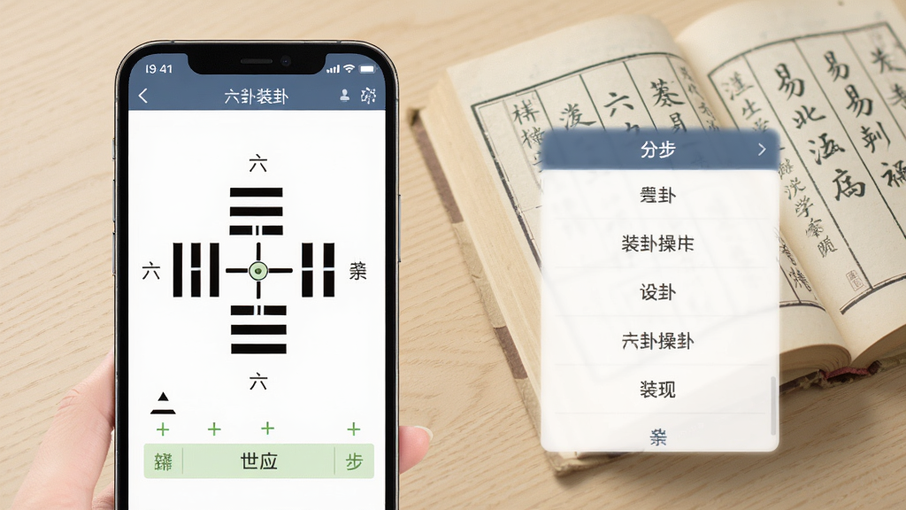 画面展示手机屏幕中的六爻装卦软件界面,屏幕左侧为完整卦象图形与六亲世应标注,右侧为分步装卦操作列表,背景为浅木色桌面与一本摊开的传统易学书籍,风格写实柔和,排版左右呼应,细节丰富,画质清晰干净,无杂乱元素