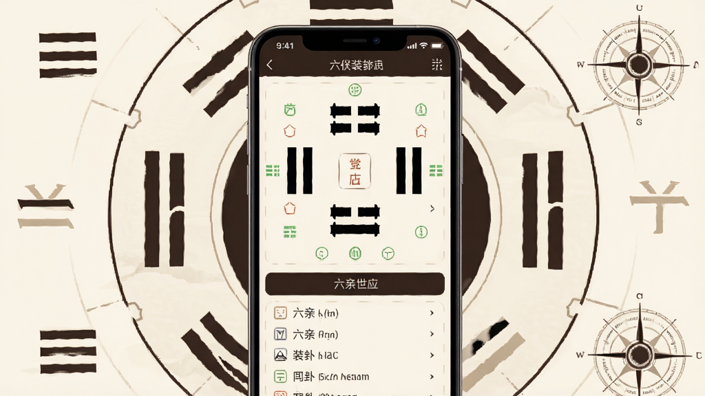 画面中央放置一部竖屏手机,手机屏幕上展示六爻装卦软件的卦象排盘界面,包含六爻卦画、六亲世应标注与装卦步骤列表,手机周围环绕淡雅的传统卦象符号与罗盘线条装饰,整体采用米白与深棕配色,国风简约风格,排版居中对称,细节清晰,画质干净细腻,无多余元素