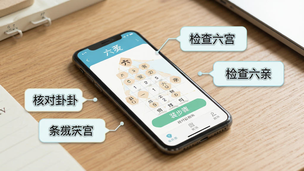 画面为一部手机放置在书桌上,屏幕显示六爻装卦软件的装卦步骤界面,旁边配有提示标签框,分别标注“核对卦宫”“检查六亲”等文字,整体为清爽的浅色系风格,排版错落有致,细节清晰,画质干净,无多余装饰