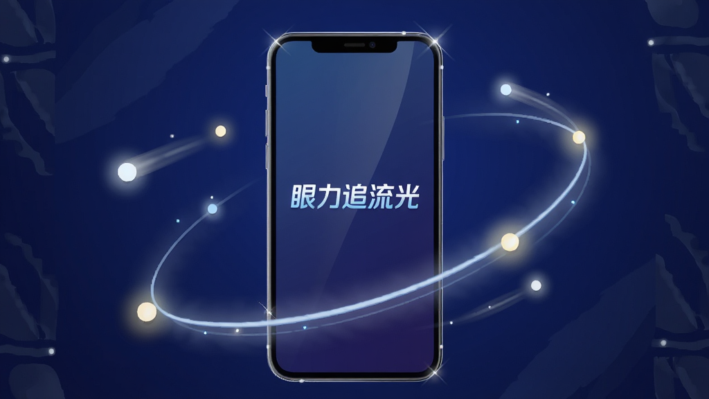 画面中央放置一部智能手机,手机屏幕显示“眼力追流光”的启动界面,周围环绕多个发光的光点与流光轨迹,背景为深蓝色渐变,布局简洁居中,风格为现代科技感扁平插画,细节包括光点拖尾、柔和光晕、手机边框高光,画质清晰干净,无多余元素